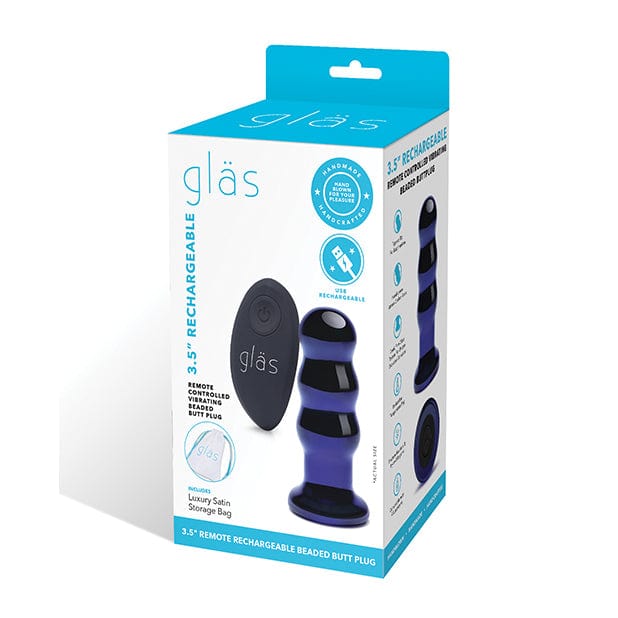 Glas - Remote Control Rechargeable Vibrating Glass Beaded Butt Plug 3.5" (Blue) Glass Anal Plug (Vibration) Rechargeable