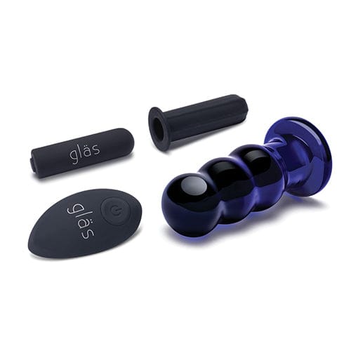 Glas - Remote Control Rechargeable Vibrating Glass Beaded Butt Plug 3.5" (Blue) Glass Anal Plug (Vibration) Rechargeable