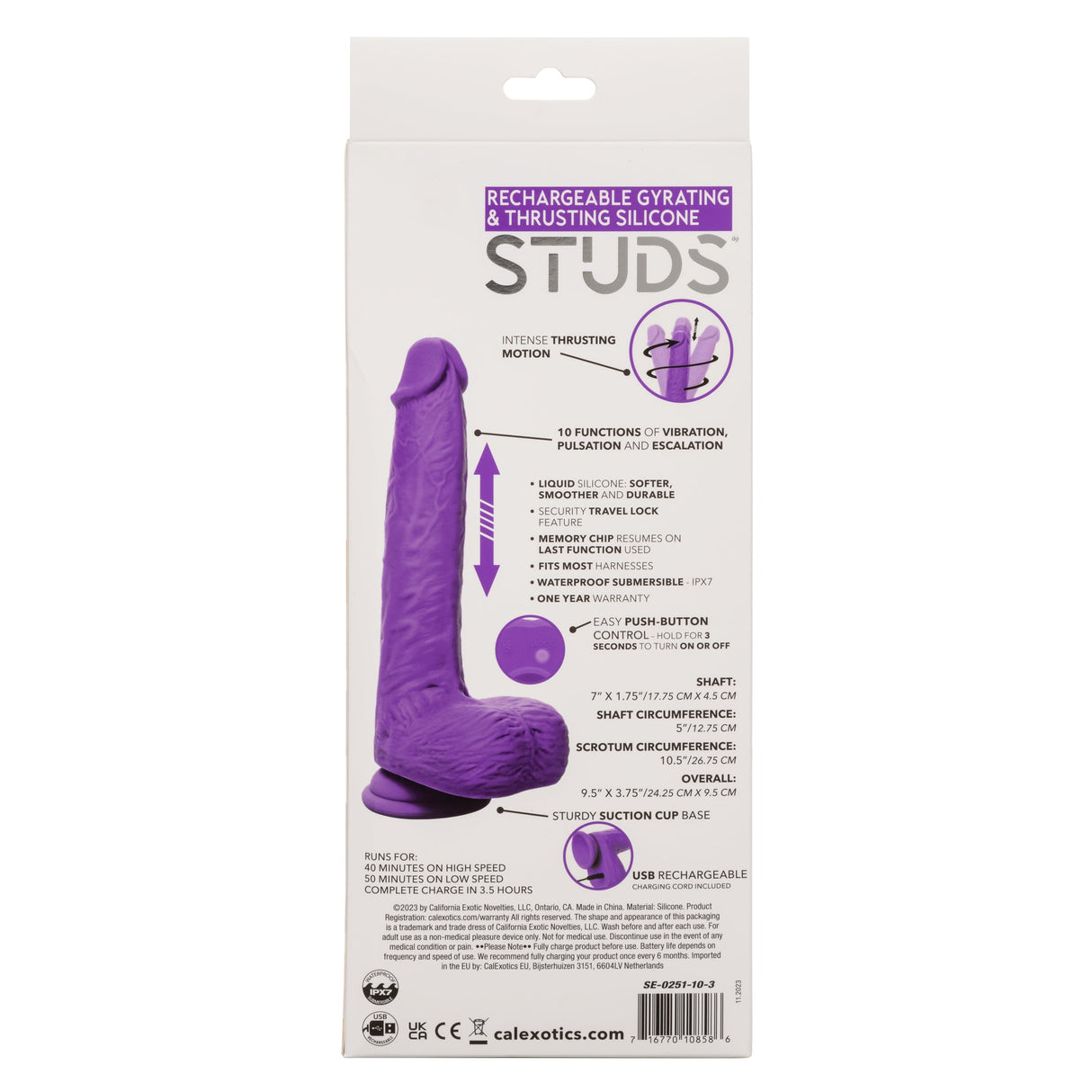 California Exotics - Rechargeable Gyrating and Thrusting Silicone Studs Realistic Dildo with Balls 9.5" (Purple) CE2045 CherryAffairs