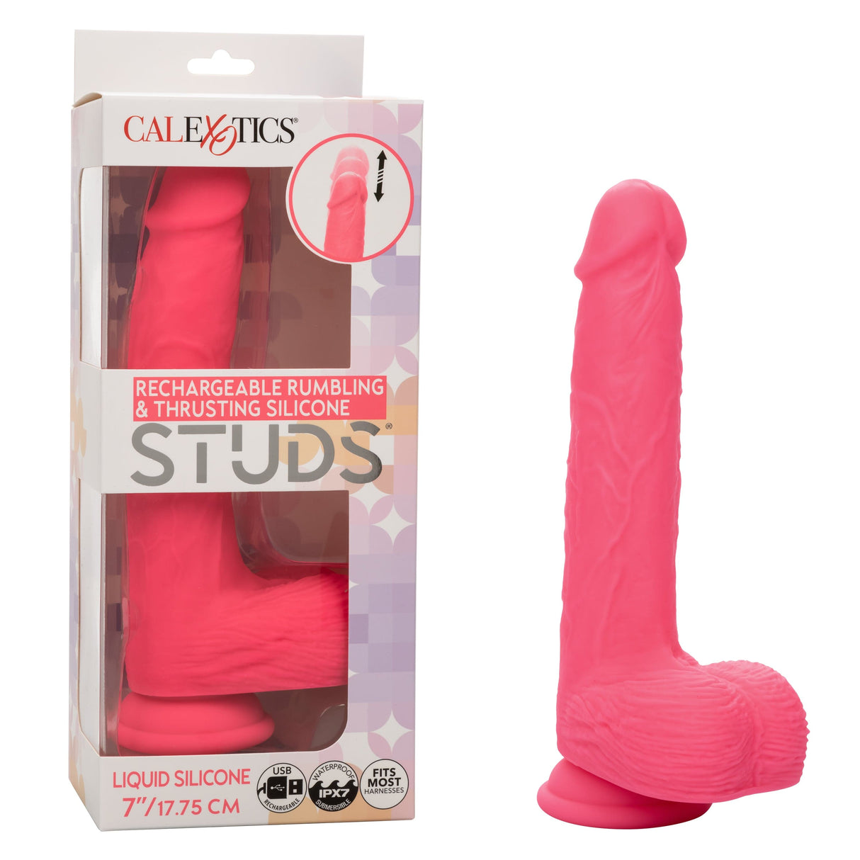 California Exotics - Rechargeable Rumbling and Thrusting Silicone Studs Realistic Dildo with Balls 9.5" (Pink) CE2046 CherryAffairs