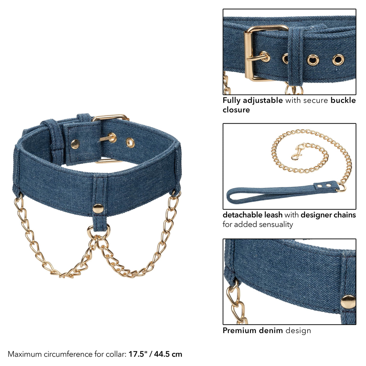 California Exotics - Ride 'em Premium Denim Collection Collar with Leash (Blue) CE2084 CherryAffairs