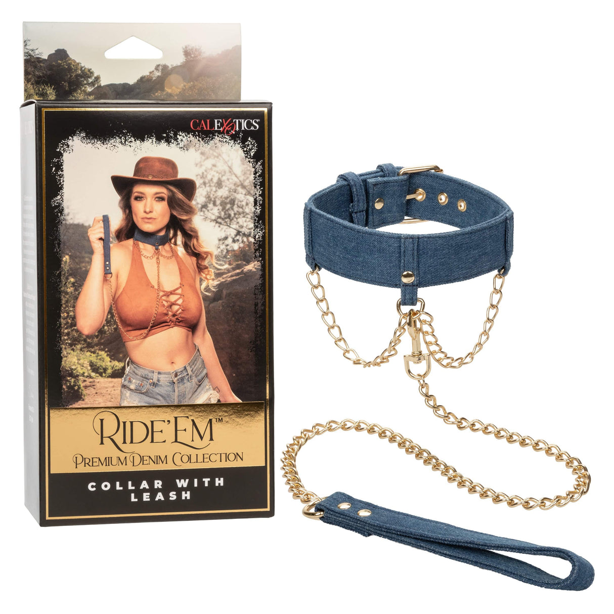 California Exotics - Ride 'em Premium Denim Collection Collar with Leash (Blue) CE2084 CherryAffairs