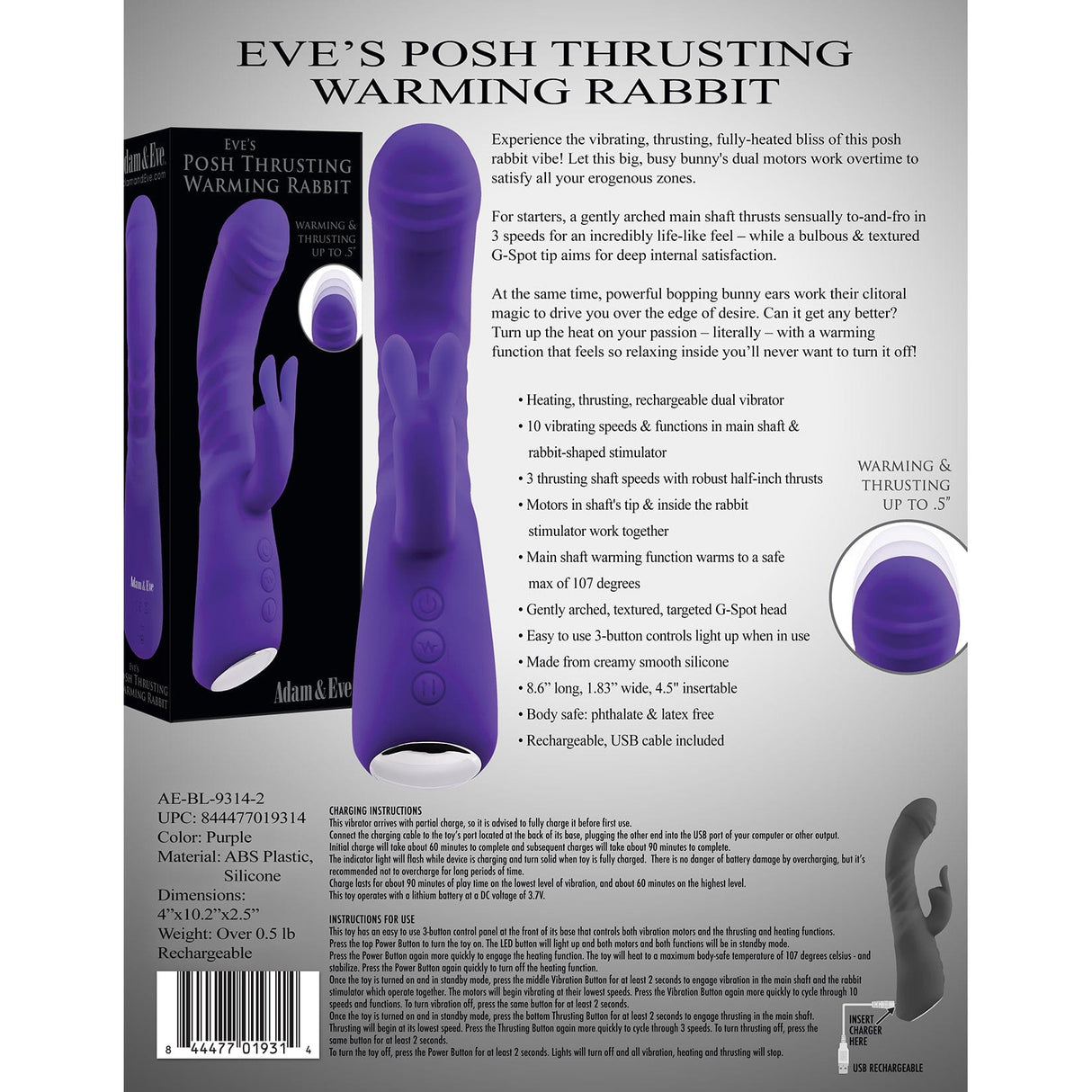 Adam & Eve - Eve's Posh Thrusting Warming Rabbit Vibrator (Purple)    Rabbit Dildo (Vibration) Rechargeable