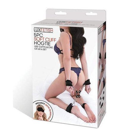 Lux Fetish - 5 Pc Soft Cuff Hogtie Set (Black)    Hand/Leg Cuffs