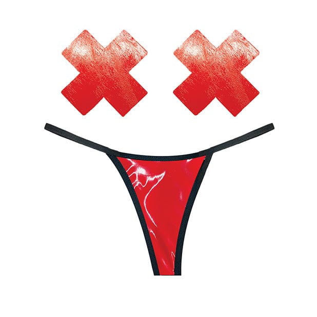 Neva Nude - Naughty Knix Vixen Wet Vinyl G String and Pasties Nipple Covers Set O/S (Red)    Nipple Covers