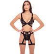 Rene Rofe - 3Pc Straps And Garters Bra Lingerie Set S/M (Black)    Lingerie Set